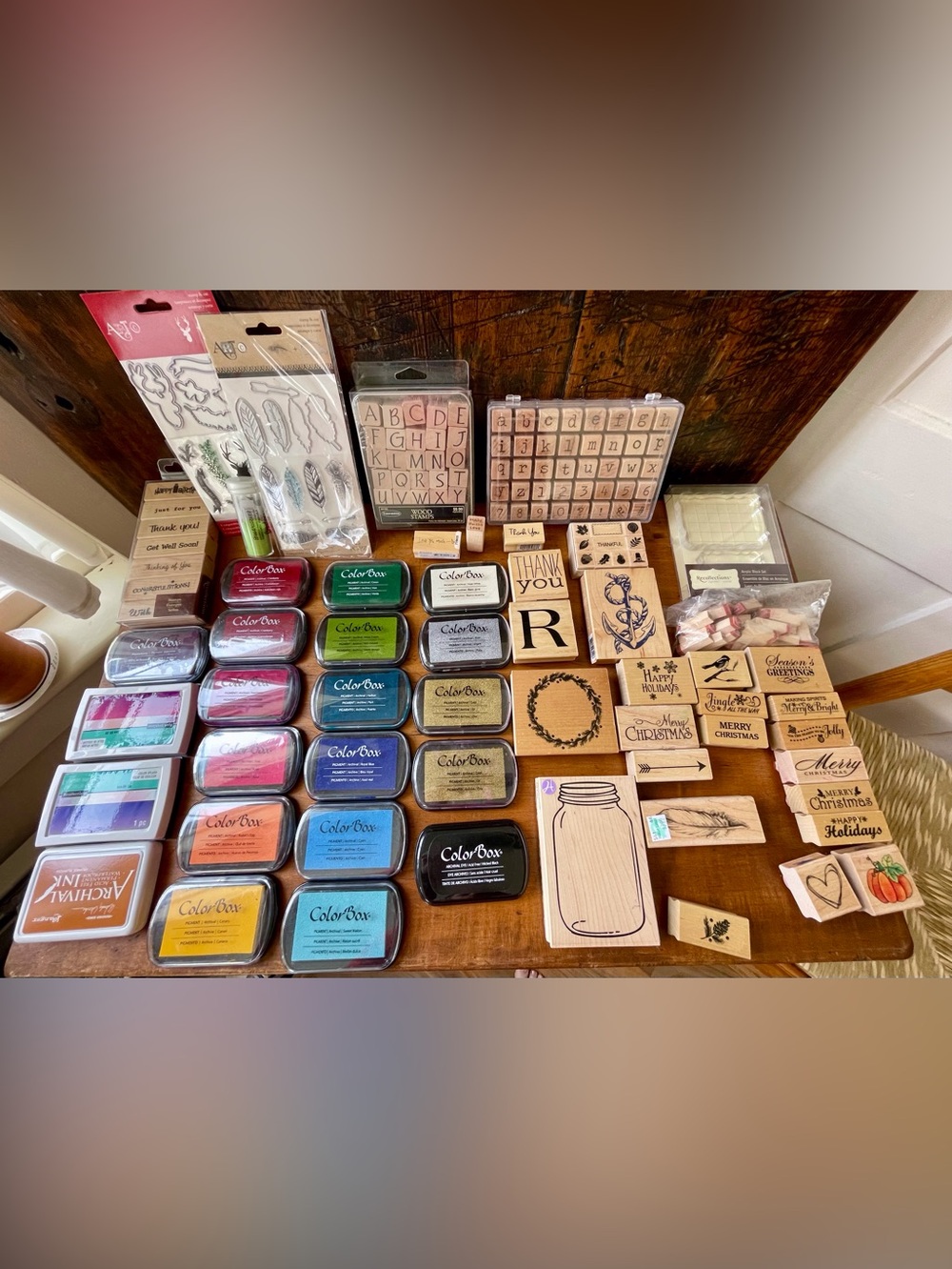 New Huge Rubber Stamp Lot Wood Mounted Colorbox Ink Pads Alphabet Holiday Craft